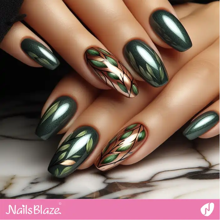 Glossy Olive Leaf Nails | Nature-inspired Nails - NB1608